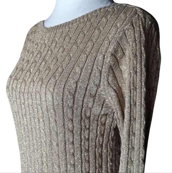 Lauren Ralph Lauren Gold Metallic Cable Knit Silk Blend Sweater Size Medium - Picture 5 of 7
